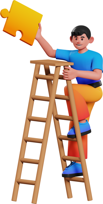 3D Man with Puzzle Piece Stepping on a Ladder
